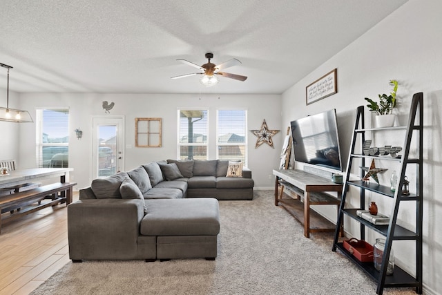 living room featuring ceiling fan, light hardwood / wood-style floors, and a textured ceiling