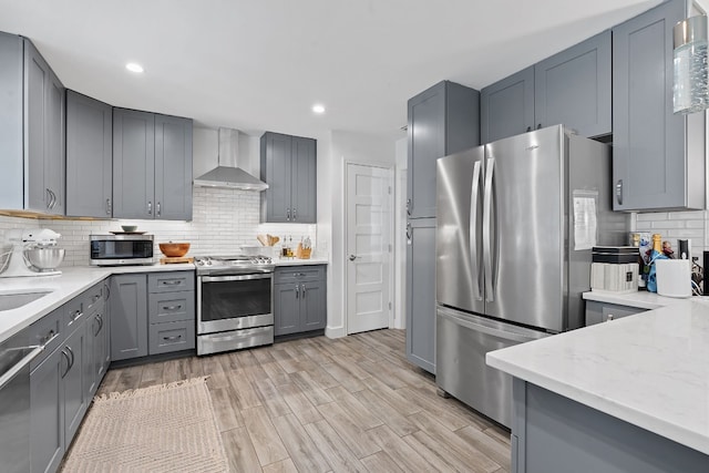 kitchen with gray cabinets, appliances with stainless steel finishes, backsplash, wall chimney exhaust hood, and light wood-type flooring