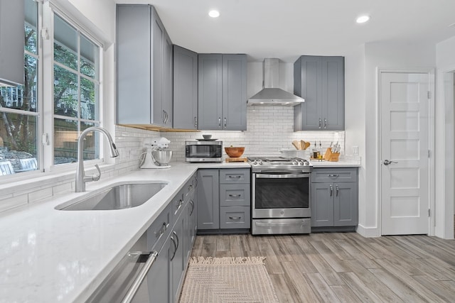 kitchen with appliances with stainless steel finishes, wall chimney exhaust hood, gray cabinets, and sink