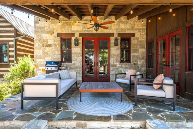 view of patio / terrace featuring french doors, grilling area, an outdoor hangout area, and ceiling fan