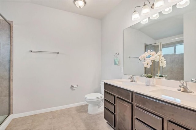 bathroom featuring vanity, tile patterned floors, toilet, and walk in shower