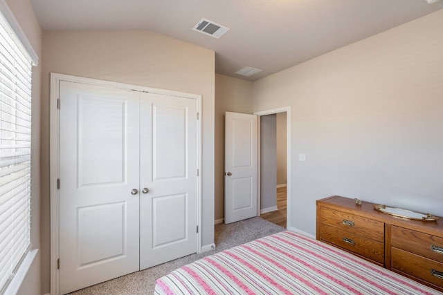 bedroom with lofted ceiling and a closet