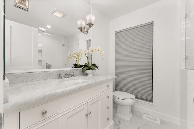 2105 Bowman Ave, Austin, TX 78703 - full bath featuring marble finish flooring, vanity, a shower stall, toilet, and baseboards