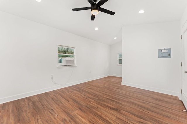 2105 Bowman Ave, Austin, TX 78703 - unfurnished room featuring wood finished floors, recessed lighting, a ceiling fan, baseboards, and lofted ceiling