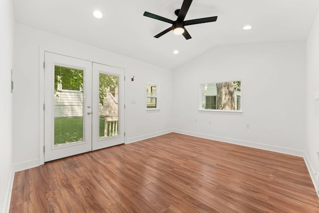 2105 Bowman Ave, Austin, TX 78703 - empty room with french doors, wood finished floors, recessed lighting, lofted ceiling, and a ceiling fan