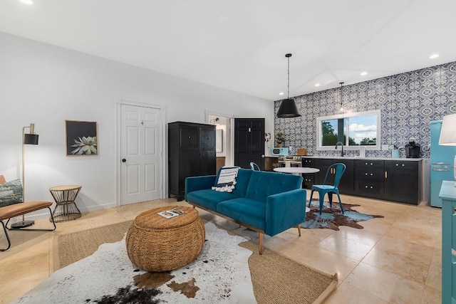 tiled living room with sink