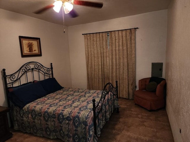 bedroom featuring ceiling fan and electric panel