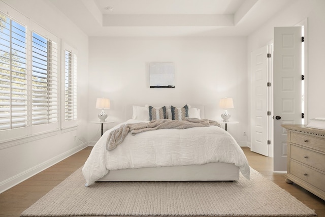 bedroom with hardwood / wood-style flooring and a tray ceiling