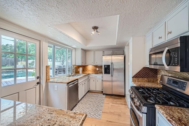 kitchen with stainless steel appliances, sink, light stone counters, and a tray ceiling