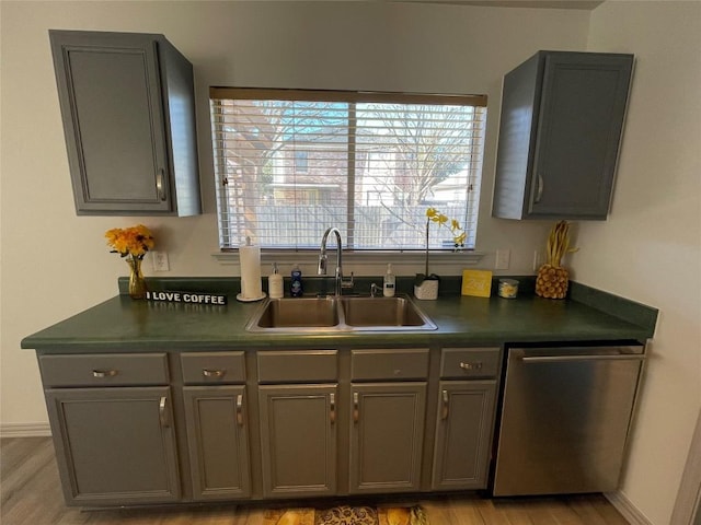 kitchen with gray cabinetry, sink, and stainless steel dishwasher