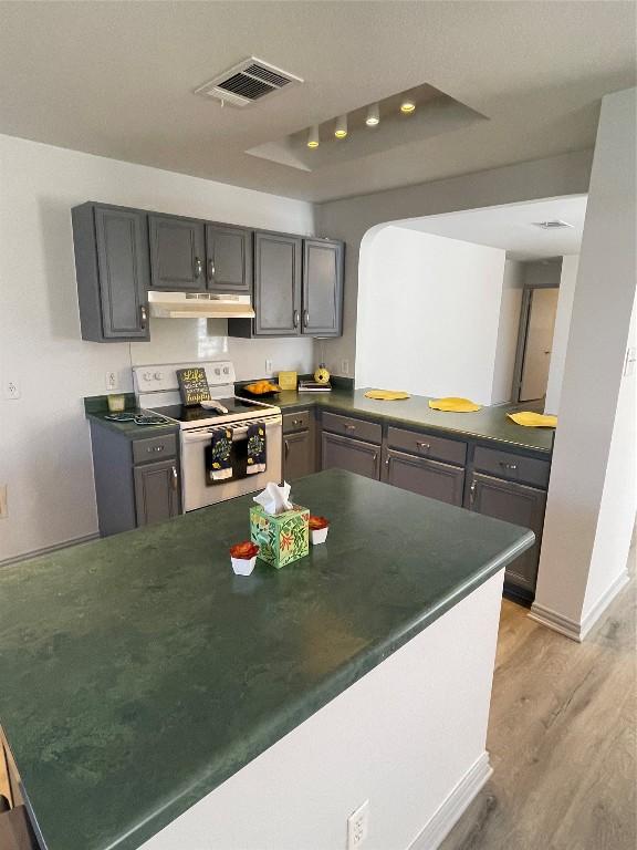 kitchen with white electric stove, gray cabinets, light hardwood / wood-style floors, and kitchen peninsula