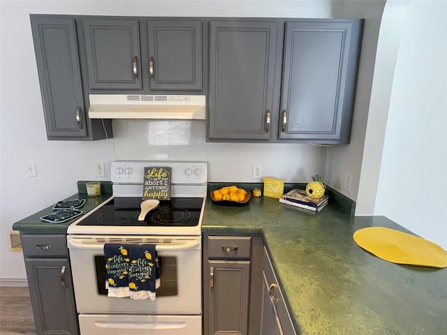 kitchen featuring white electric range oven and gray cabinets