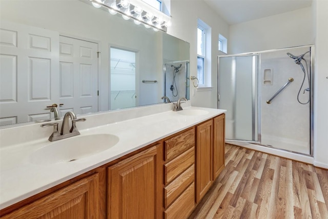 bathroom with vanity, wood-type flooring, and a shower with shower door