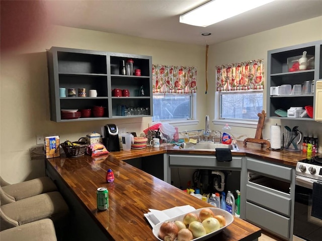 kitchen featuring sink, stainless steel range oven, and butcher block countertops