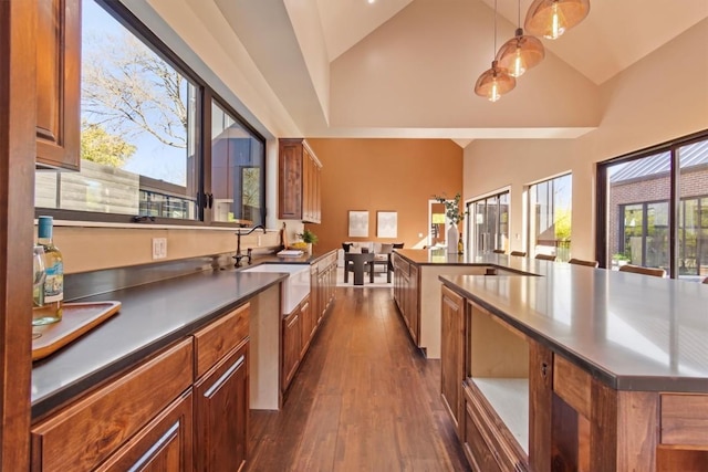 kitchen featuring pendant lighting, sink, high vaulted ceiling, a center island, and dark hardwood / wood-style flooring