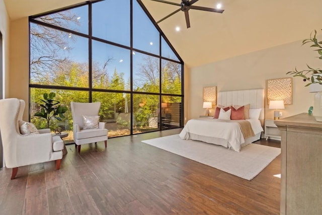 bedroom with dark wood-type flooring, high vaulted ceiling, and expansive windows