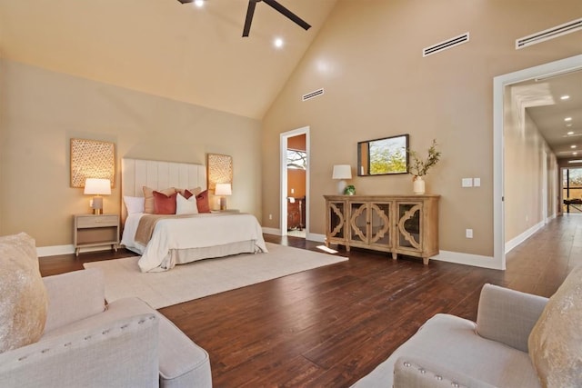 bedroom with high vaulted ceiling, dark hardwood / wood-style floors, and ceiling fan