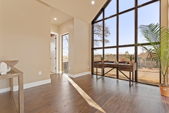 doorway to outside with a high ceiling, a healthy amount of sunlight, dark hardwood / wood-style flooring, and a wall of windows