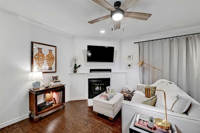 3840 Far W Blvd Unit 101, Austin, TX 78731 - living room featuring ceiling fan, ornamental molding, and dark hardwood / wood-style floors