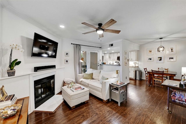 3840 Far W Blvd Unit 101, Austin, TX 78731 - living room with crown molding, dark hardwood / wood-style floors, and ceiling fan