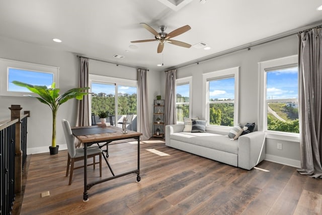 821 Laughing Dog Ct, Leander, TX 78641 - living room featuring plenty of natural light, dark wood-type flooring, recessed lighting, a ceiling fan, and an office area