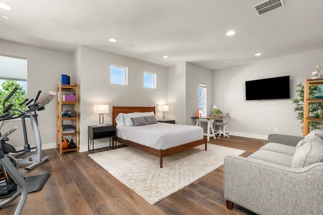 bedroom featuring multiple windows and dark wood-type flooring