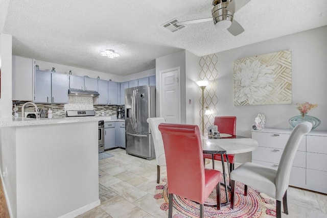 kitchen with sink, ceiling fan, stainless steel appliances, tasteful backsplash, and a textured ceiling