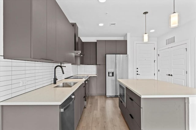 kitchen with sink, tasteful backsplash, hanging light fixtures, light wood-type flooring, and stainless steel appliances