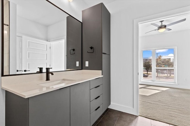 bathroom with ceiling fan, tile patterned floors, and vanity