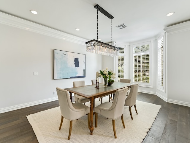 3844 Hunterwood Pt, Austin, TX 78746 - dining space featuring crown molding, dark wood-type flooring, and recessed lighting