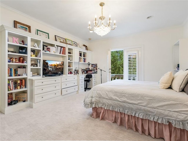 bedroom featuring ornamental molding, light carpet, and a notable chandelier