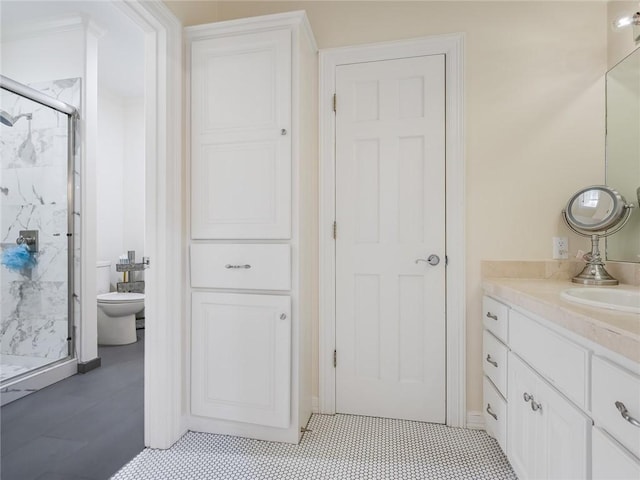 bathroom featuring vanity, an enclosed shower, and toilet