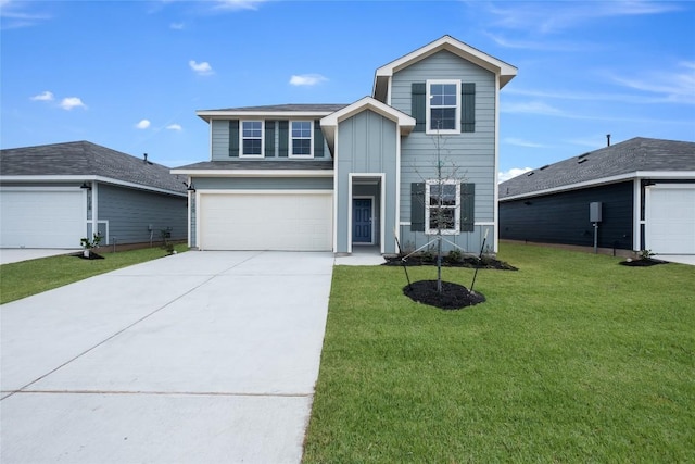 traditional home featuring driveway, a garage, board and batten siding, and a front yard