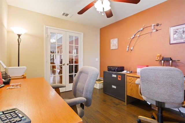 office with french doors, ceiling fan, and dark hardwood / wood-style floors