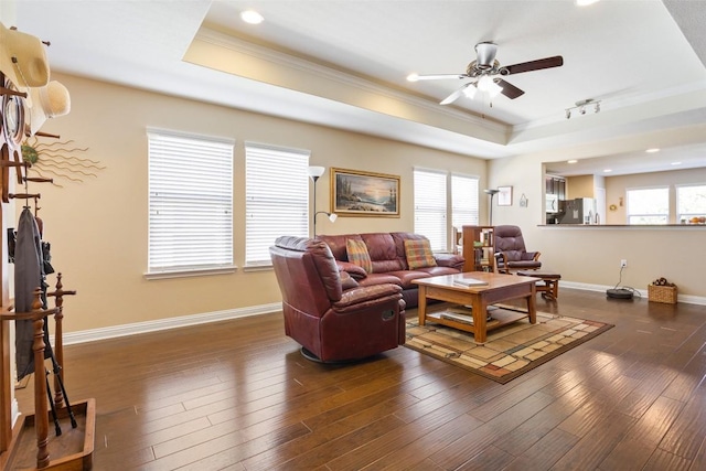 living room featuring crown molding, dark hardwood / wood-style flooring, and a tray ceiling