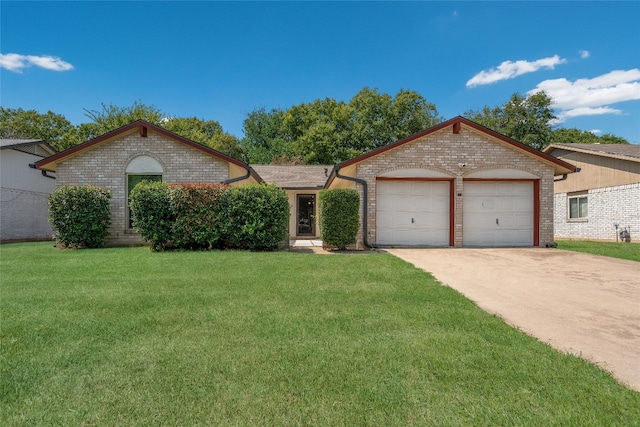 ranch-style house with concrete driveway, brick siding, a garage, and a front lawn