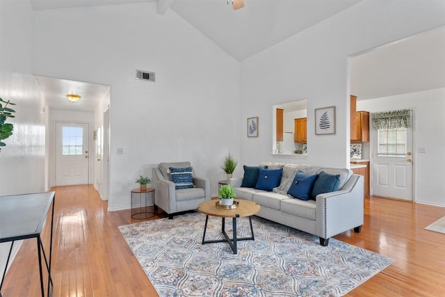 living room with high vaulted ceiling, light hardwood / wood-style flooring, and a wealth of natural light