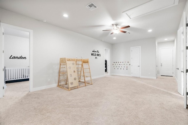 game room with light colored carpet, visible vents, baseboards, and recessed lighting