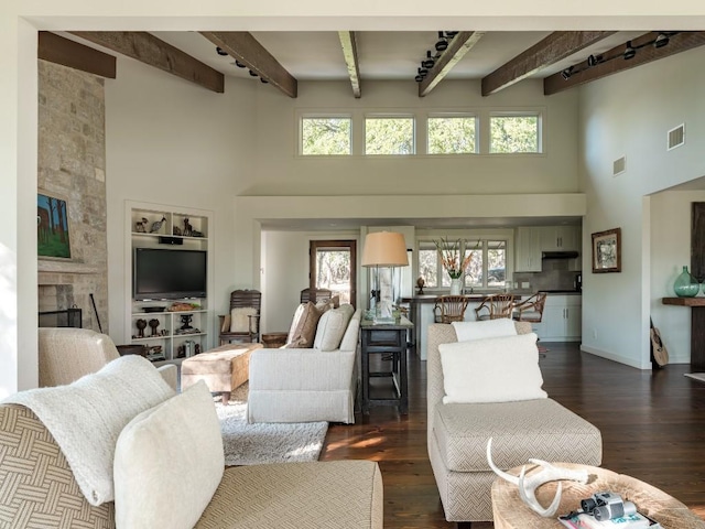 living room with dark hardwood / wood-style floors, a healthy amount of sunlight, a fireplace, and beamed ceiling