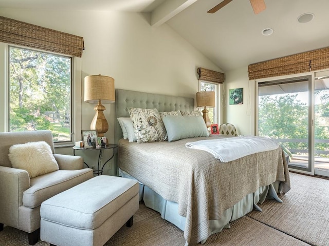 bedroom with ceiling fan, access to exterior, and vaulted ceiling with beams