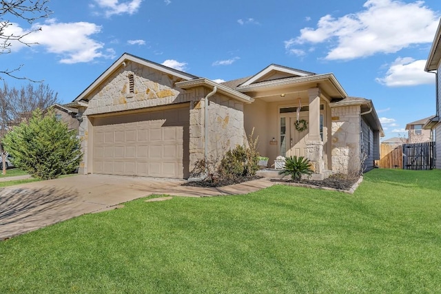 ranch-style home with a garage and a front yard