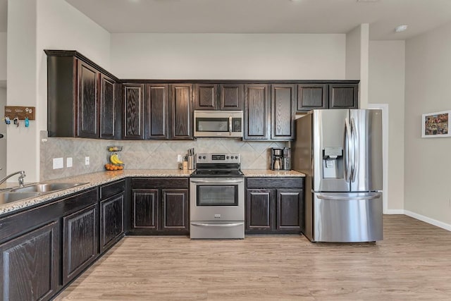 kitchen with stainless steel appliances, tasteful backsplash, sink, and light wood-type flooring