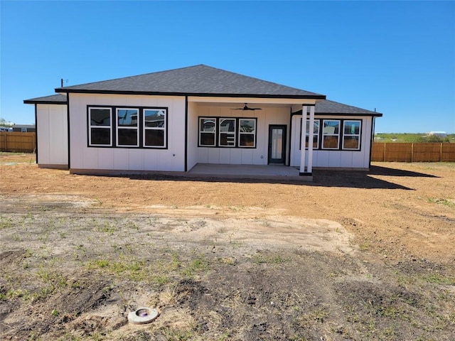 rear view of house with a patio and ceiling fan