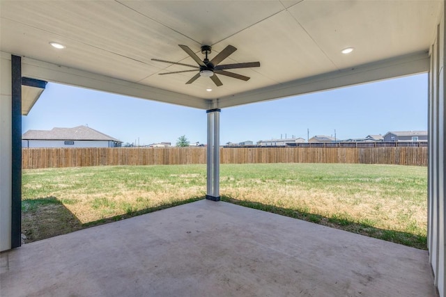 view of patio / terrace featuring a ceiling fan and a fenced backyard