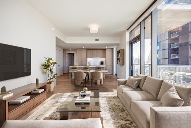 living room featuring expansive windows and light hardwood / wood-style flooring