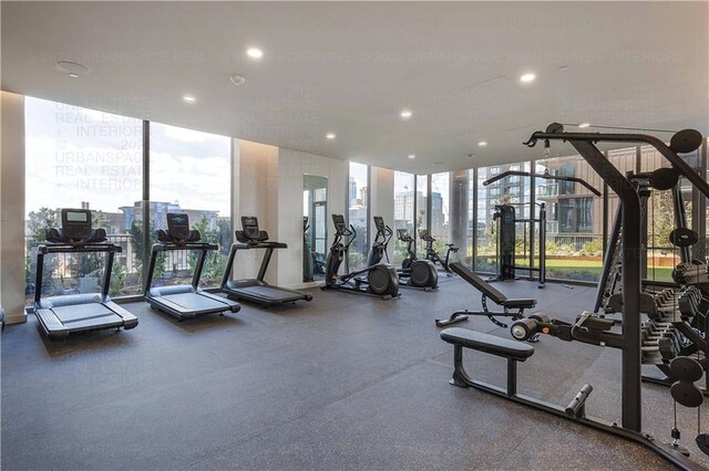 44 E Ave Unit 1407, Austin, TX 78701 - workout area with expansive windows and recessed lighting