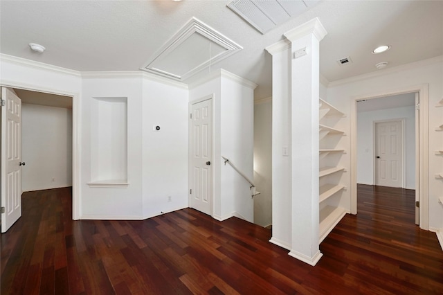 hallway featuring crown molding and dark hardwood / wood-style floors