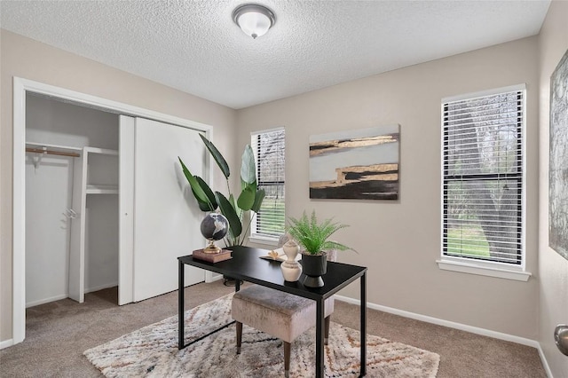 carpeted office space featuring baseboards and a textured ceiling