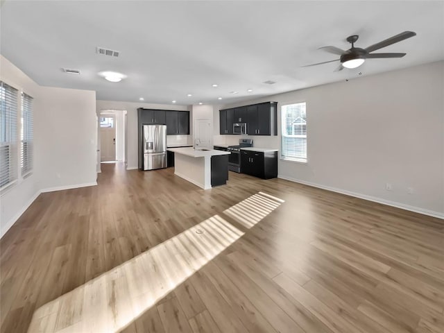 kitchen featuring appliances with stainless steel finishes, hardwood / wood-style floors, sink, a center island, and ceiling fan