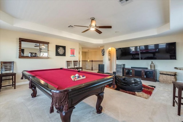 playroom with a raised ceiling, light carpet, ceiling fan, and billiards